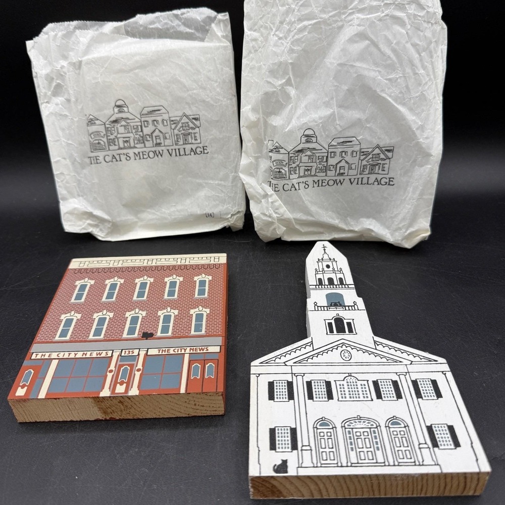 Vtg 1992 The Cat's Meow Village Series X 10 Signed Faline City News Church